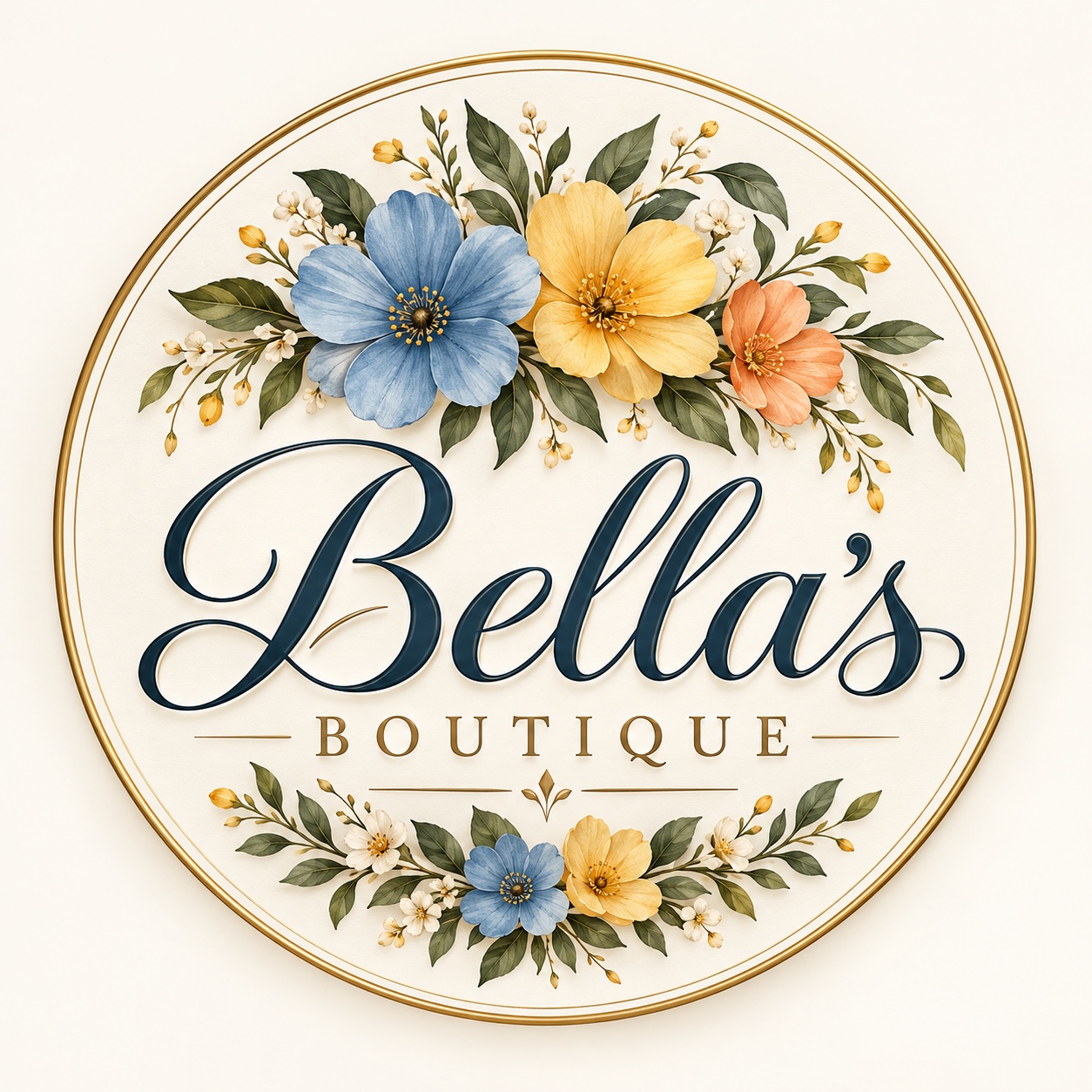 Bella’s Boutique floral logo with blue, gold and peach flowers